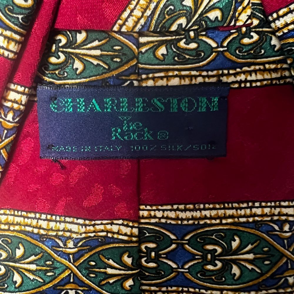 Charlesston Red Silk Tie Ornate‎ Green Gold Striped Pattern Classic Mens Necktie